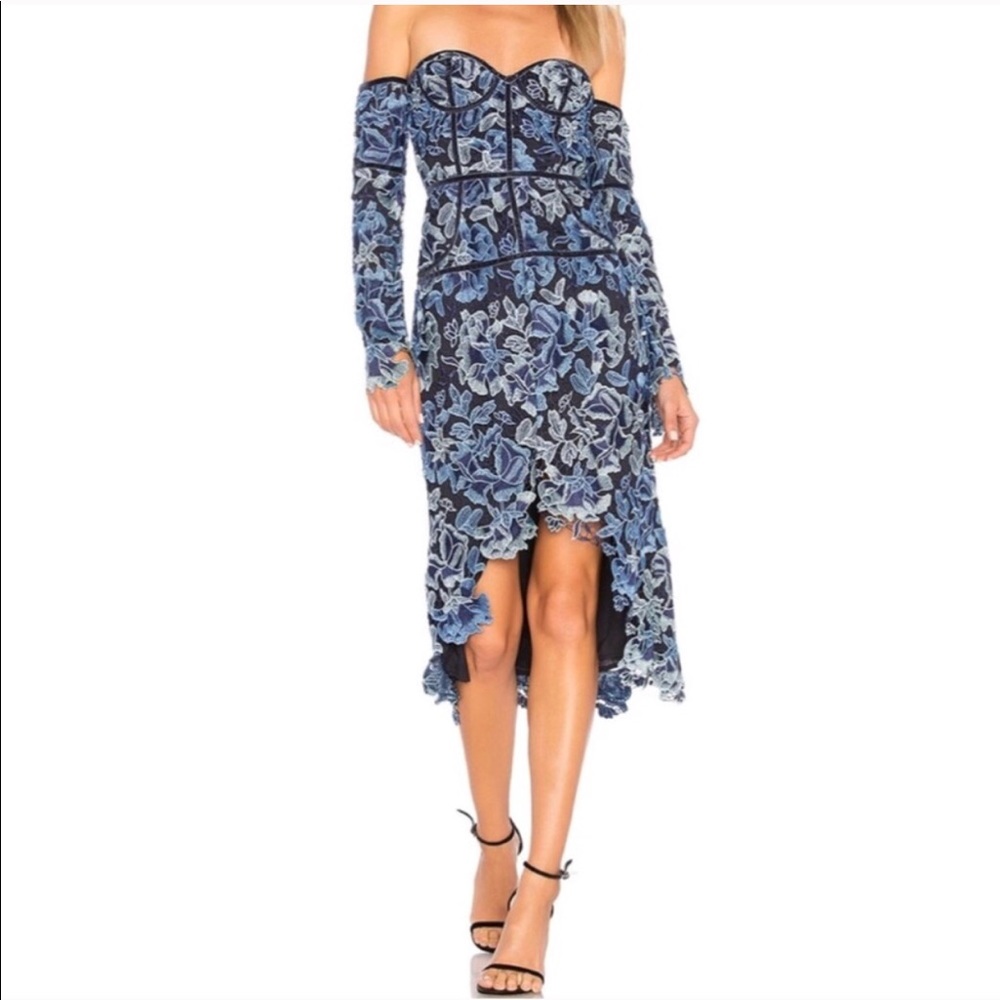 NBD Blue and White Off-Shoulder Wrap Midi Dress